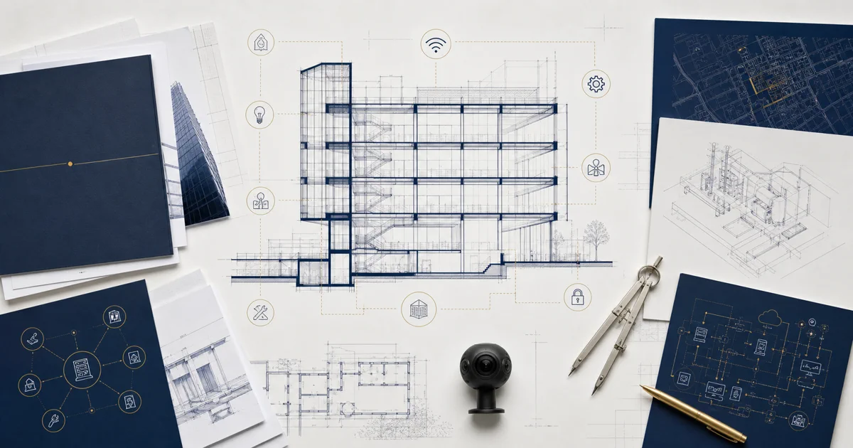 Architectural plan sheet connecting commercial building systems, facility records, and digital-twin research